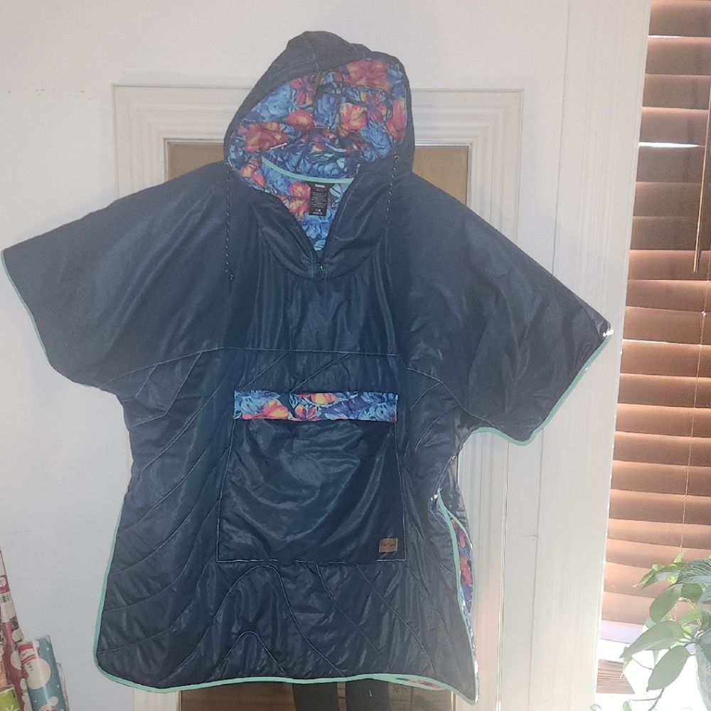 S/M Navy Blue Hooded Cape with Floral Accents